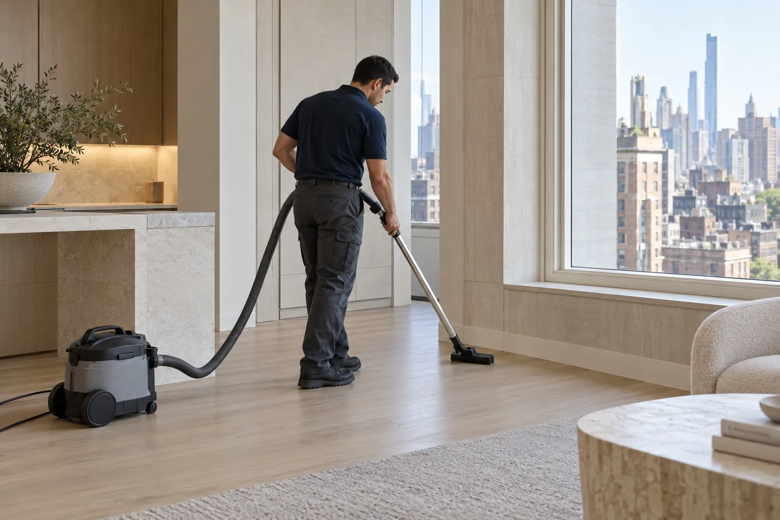 Cleaning technician vacuuming a finished oak floor in a bright Manhattan interior